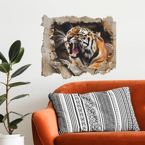 3D wall sticker featuring a fierce roaring tiger breaking through a wall for home decor