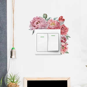 Romantic Pink Peony Flower Wall Switch Sticker Removable PVC Watercolor Floral Wall Decal For Kids Bedroom Home Decor