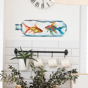 Detail of colorful goldfish glass bottle wall stickers in a modern kitchen setting
