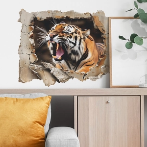 3D wall sticker featuring a fierce tiger breaking through wall for home decor