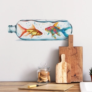 Creative 3D goldfish in glass bottle wall sticker for home and children room decor
