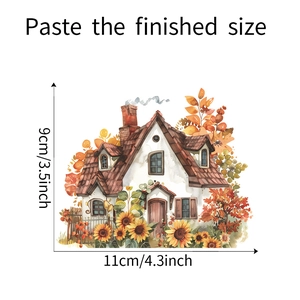 Detailed watercolor sunflower house wall decal with size markings on white background