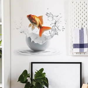Sticker mural 3D créatif poisson rouge sortant d'une coquille avec éclaboussures d'eau