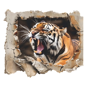 3D wall sticker featuring a fierce roaring tiger breaking through a white brick wall