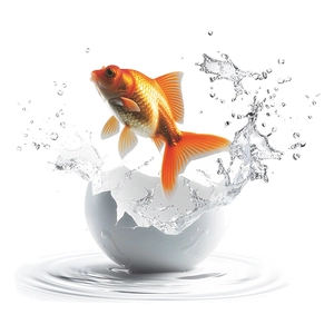 Sticker mural 3D créatif d'un poisson rouge sortant d'une coquille blanche avec de l'eau