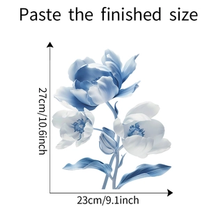 Detailed size specifications for blue floral wall stickers measuring 27cm by 23cm