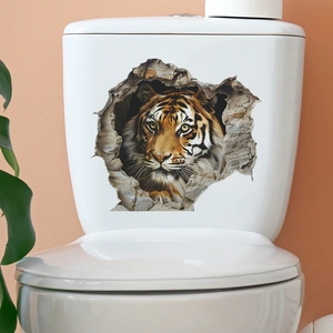 Sticker mural tigre 3D réaliste traversant un réservoir de toilettes en céramique blanche