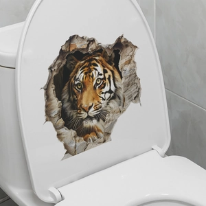 Sticker 3D tigre à travers le mur sur abattant de WC blanc pour décoration maison