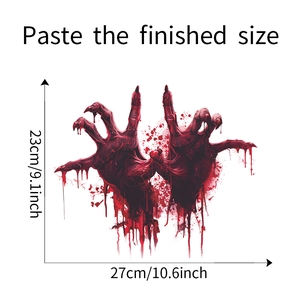 Detailed view of Halloween bloody devil hands wall sticker with size 27x23cm measurements