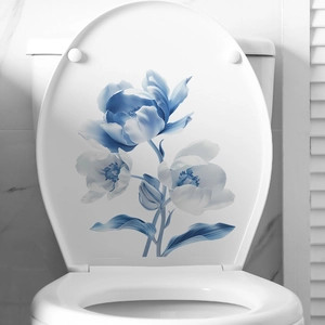 Romantic blue floral self-adhesive PVC wall decals for home bathroom and toilet decoration
