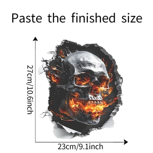 Dettaglio dell'adesivo murale 3D Halloween con dimensioni 27x23cm e teschio di fuoco