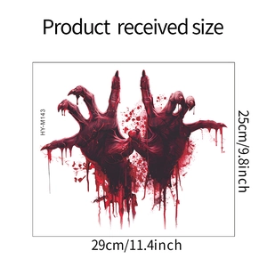 Macro shot of Halloween bloody handprint stickers with size dimensions for wall decor
