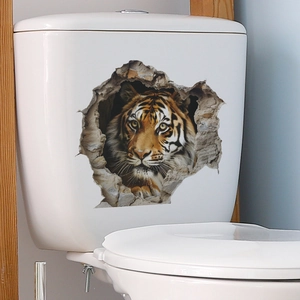 Sticker mural 3D tigre réaliste effet mur cassé pour salle de bain et décoration