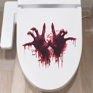 Halloween bloody handprint decals for toilet lid featuring creepy red claw and splatters