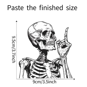 Detailed size chart for skeleton wall sticker measuring 9.5cm height and 9cm width