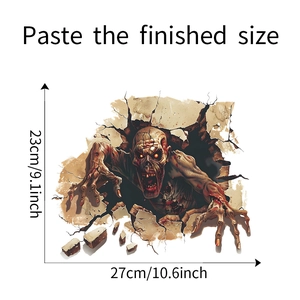 3D wall sticker dimensions showing a scary zombie breaking through a wall for Halloween decor