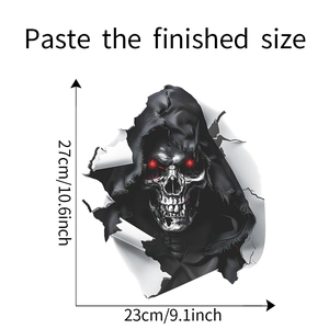 Dimensioni per adesivo 3D teschio di Halloween con altezza 27 cm e larghezza 23 cm