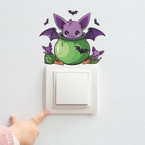Adesivo murale Halloween con pipistrello viola e calderone su parete bianca