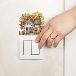 Detailed close-up of a rustic cottage wall sticker with sunflowers near a light switch