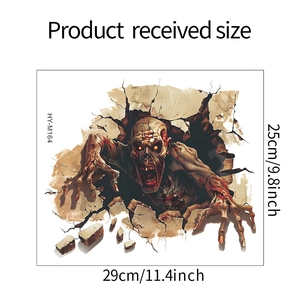 Macro dimension view of 3D zombie wall sticker showing 29cm by 25cm product size details