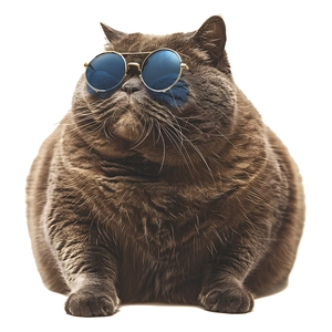 Fashionable round sunglasses with gold frame and blue lenses on a British Shorthair cat