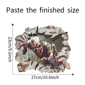 Detailed dimension guide for 3D zombie wall sticker showing size of 23cm by 27cm