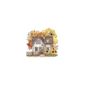 Pastel watercolor wall decal of a rustic autumn cottage with sunflowers and maple leaves