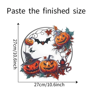 Halloween pumpkin and bat wreath wall decal showing 27cm by 27cm finished size dimensions