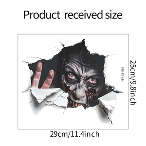 Dettaglio adesivo murale zombie 3D con dimensioni 29x25cm e crepe realistiche nel muro