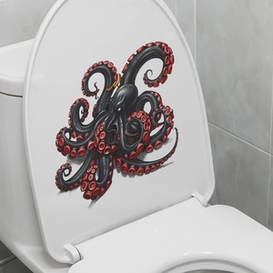 3D realistic black octopus toilet lid sticker with red suckers for Halloween decor