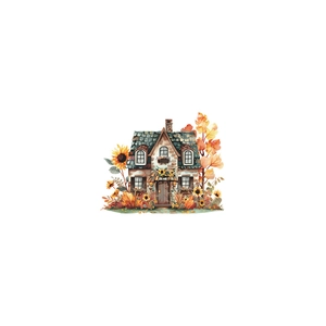 Detailed watercolor sticker of a cozy house with sunflowers and autumn maple leaves