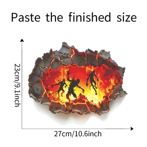 Detail view of 3D Halloween wall sticker featuring zombies and fiery lava visual effects
