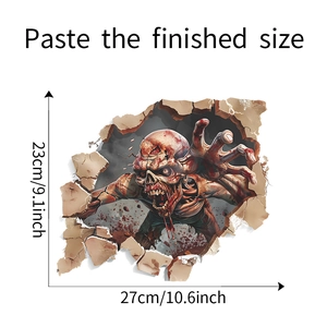 Detail view of 3D zombie wall sticker dimensions measuring 27cm x 23cm for Halloween deco