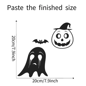 Detailed size guide for Halloween wall stickers featuring ghost, pumpkin, and bat designs