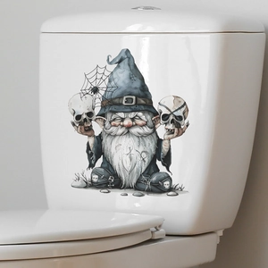 Detailed toilet sticker showing a wizard gnome holding skulls for Halloween decor