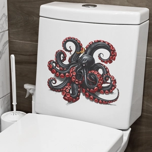 Halloween decorative black octopus toilet sticker with red suckers on white ceramic tank