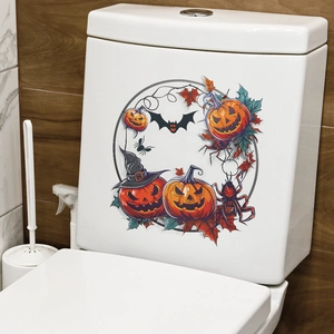 Halloween bathroom toilet sticker with pumpkins, bats, and spiders for festive home decor