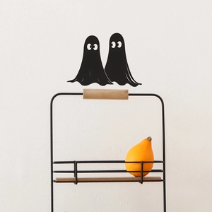 Minimalist Halloween ghost wall stickers set with pumpkin decor on rustic shelf