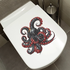 Detailed view of a 3D octopus toilet sticker with realistic suckers on a white lid