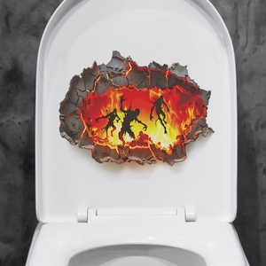 3D lava zombie toilet lid decal with fiery hell and silhouette wall sticker effect