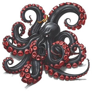Gothic black octopus wall sticker with red suckers and gold accents for bathroom decor