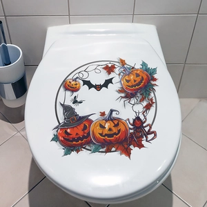 Halloween pumpkin and bat toilet lid decal for festive bathroom wall decor
