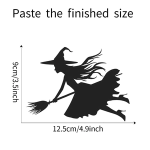 Halloween flying witch silhouette wall sticker showing dimensions of 12.5cm by 9cm