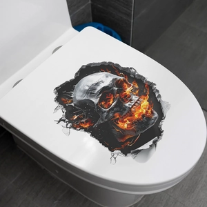 Dettaglio adesivo 3D teschio di Halloween con fiamme realistiche ed effetto muro rotto