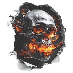 Adesivo murale 3D di Halloween con teschio metallico e fiamme arancioni realistiche