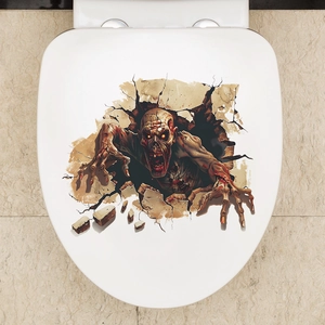 Detailed close-up of 3D zombie wall sticker applied to a white toilet lid surface