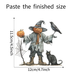 Détail du sticker mural Halloween avec dimensions de l'épouvantail citrouille et chat noir