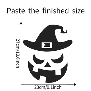 Detailed technical diagram showing Halloween pumpkin witch hat wall sticker dimensions