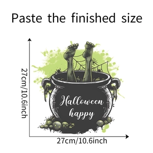 Close-up of Halloween witch cauldron wall sticker with sizes and spooky hand-drawn details