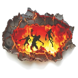 3D cracked wall decal with Halloween zombie silhouettes and fiery lava background effect